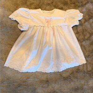 Vintage Eyelet Baby Dress with Pink Ribbon Bow